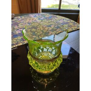 Antique Beaumont Glass Vaseline 4.25" Spooner Gold Accents